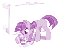 Size: 1280x1118 | Tagged: safe, artist:dstears, twilight sparkle, unicorn twilight, pony, unicorn, atg 2019, bad pony, behaving like a dog, blank flank, cookie, cookie jar, cute, eating, evil, female, filly, filly twilight sparkle, food, greed, monochrome, naughty, newbie artist training grounds, pure unfiltered evil, solo, thief, this will end in a time-out, this will end in tummy aches, twiabetes, twilight stealing a cookie, younger