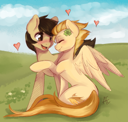 Size: 1255x1200 | Tagged: safe, artist:rainbowsprinklesart, artist:spittfireart, spitfire, oc, oc:chocolate chips, earth pony, pegasus, pony, blushing, canon x oc, cloud, clover, cute, eyes closed, female, firechips, four leaf clover, heart, hug, male, mare, shipping, stallion, straight