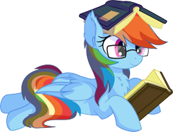 Size: 7538x5715 | Tagged: safe, artist:cyanlightning, rainbow dash, pegasus, pony, .svg available, absurd resolution, adorkable, book, book hat, chest fluff, cute, dashabetes, dork, ear fluff, egghead dash, female, folded wings, glasses, mare, nerd, prone, reading, simple background, sitting, smiling, solo, transparent background, vector, wing fluff, wings
