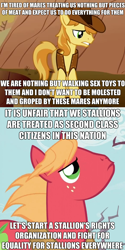 Size: 614x1231 | Tagged: safe, big macintosh, braeburn, image macro, reversed gender roles equestria, reversed gender roles equestria general, role reversal, stallionism, text