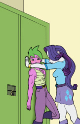 Size: 1650x2550 | Tagged: safe, artist:bico-kun, rarity, spike, equestria girls, blushing, female, human spike, kabedon, male, reversed gender roles equestria, shipping, sparity, straight