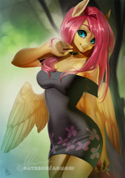 Size: 666x950 | Tagged: safe, artist:aonikaart, fluttershy, anthro, pegasus, adorasexy, beautiful, beautisexy, breasts, choker, clothes, cute, digital art, dress, drooping wings, female, hootershy, looking at you, mare, nightgown, patreon, patreon reward, sexy, shoulderless, shyabetes, signature, smiling, solo, spread wings, wings