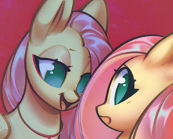 Size: 1591x1280 | Tagged: safe, artist:mirroredsea, fluttershy, pegasus, pony, abstract background, duo, female, flutterbitch, lidded eyes, looking at you, mare, no pupils, self ponidox