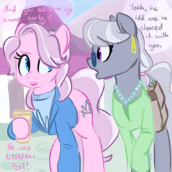 Size: 700x700 | Tagged: safe, artist:goat train, diamond tiara, silver spoon, earth pony, pony, businessmare, clothes, dialogue, eye contact, female, looking at each other, mare, necklace, older, older diamond tiara, older silver spoon, open mouth, saddle bag, talking