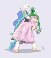 Size: 1100x1267 | Tagged: safe, artist:bgf, princess celestia, oc, oc:anon, human, pony, annoyed, anonlestia, anonymous, bipedal, bridal carry, carrying, clothes, crossdressing, crown, dialogue, dress, female, flower, hair over one eye, jewelry, looking at you, male, marriage, open mouth, regalia, reversed gender roles equestria, reversed gender roles equestria general, shoes, simple background, smug, straight, suit, suitlestia, tuxedo, unamused, wedding, wedding dress, white background