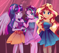 Size: 2344x2124 | Tagged: safe, artist:xjenn9, starlight glimmer, sunset shimmer, twilight sparkle, equestria girls, bare shoulders, cute, eyeshadow, female, glimmerbetes, hand on hip, heart eyes, makeup, nervous grin, ponied up, pony ears, shimmerbetes, sleeveless, strapless, strapless dress, trio, trio female, twiabetes, wingding eyes, wings
