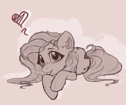 Size: 1280x1067 | Tagged: safe, artist:reterica, fluttershy, pegasus, pony, blushing, colored sketch, cute, ear fluff, female, gritted teeth, heart, limited palette, looking at you, mare, monochrome, prone, shyabetes, sketch, smiling, solo, three quarter view