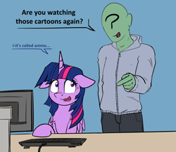 Size: 4961x4306 | Tagged: safe, artist:duop-qoub, twilight sparkle, twilight sparkle (alicorn), oc, oc:anon, alicorn, human, pony, absurd resolution, anime, blue background, chest fluff, computer, cute, dialogue, female, floppy ears, male, mare, nerd, nervous, reversed gender roles equestria, reversed gender roles equestria general, shy, simple background, sweat