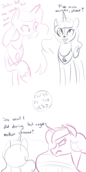 Size: 700x1400 | Tagged: safe, artist:goat train, princess celestia, princess luna, alicorn, pony, dialogue, frown, moon, open mouth, raised hoof, sketch, unamused