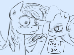 Size: 925x692 | Tagged: safe, artist:post-it, pinkie pie, rainbow dash, earth pony, pegasus, pony, blushing, embarrassed, fake moustache, monochrome, mousdash, moustache, sketch, that is my fetish, wingboner