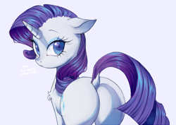 Size: 1016x719 | Tagged: safe, artist:toroitimu, rarity, pony, unicorn, butt, chest fluff, cute, dialogue, dock, female, looking at you, looking back, looking back at you, mare, plot, rearity, simple background, solo, white background