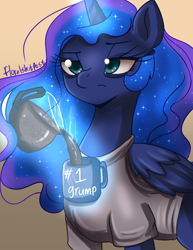 Size: 2550x3300 | Tagged: safe, artist:floralshitpost, princess luna, alicorn, pony, bags under eyes, coffee, coffee mug, coffee pot, female, grumpy, magic, mare, mug, simple background, sleepy, solo, telekinesis, tired