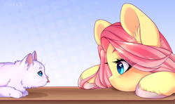 Size: 4602x2724 | Tagged: safe, artist:yuozka, fluttershy, cat, pegasus, pony, cute, daaaaaaaaaaaw, ear fluff, eye contact, female, high res, looking at each other, mare, prone, shyabetes, signature, simple background, tongue out, unshorn fetlocks