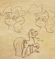 Size: 888x954 | Tagged: safe, artist:post-it, pinkie pie, twilight sparkle, earth pony, pony, crying, monochrome, sketch, twibutt, wingless