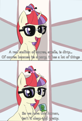 Size: 707x1038 | Tagged: safe, artist:whiskeypanda, moondancer, oc, oc:anon, human, pony, unicorn, chest fluff, dialogue, drawthread, female, glasses, hoof hold, human fetish, humie, mare, parody, picture, ponified meme, reversed gender roles equestria, reversed gender roles equestria general, text