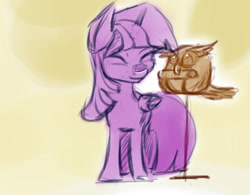 Size: 1012x790 | Tagged: safe, artist:post-it, owlowiscious, twilight sparkle, twilight sparkle (alicorn), alicorn, pony, colored sketch, female, mare, scroll, sketch, smiling