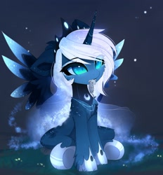 Size: 1920x2069 | Tagged: safe, artist:magnaluna, princess luna, alicorn, mouse, pony, behaving like a cat, catching, cheek fluff, chest fluff, crown, cute, ear fluff, ethereal mane, eye clipping through hair, female, jewelry, leg fluff, lunabetes, mare, mouth hold, regalia, sitting, solo, spread wings, wings