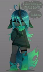 Size: 1920x3251 | Tagged: safe, artist:magnaluna, queen chrysalis, changeling, changeling queen, semi-anthro, baka, clothes, crying, cute, cutealis, dialogue, ear fluff, eyes closed, female, floppy ears, gray background, panties, scarf, shirt, simple background, socks, solo, sweater, tsundalis, tsundere, underwear
