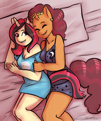 Size: 2500x3000 | Tagged: safe, artist:rainbowsprinklesart, saffron masala, oc, oc:saffron spice, anthro, canon x oc, cuddling, female, lesbian, shipping, snuggling