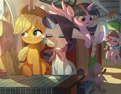 Size: 1942x1500 | Tagged: safe, artist:tcn1205, applejack, fluttershy, pinkie pie, rainbow dash, rarity, spike, twilight sparkle, twilight sparkle (alicorn), alicorn, dragon, earth pony, pegasus, pony, unicorn, clothes, coffee, cowboy hat, cup, cute, dashabetes, diapinkes, drink, drinking, female, flying, food, glowing horn, hat, horn, jackabetes, magic, male, mane seven, mane six, mare, mouth hold, raribetes, scarf, table, tea, teacup, telekinesis, train, twiabetes, winged spike