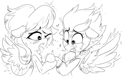 Size: 1313x824 | Tagged: safe, artist:whydomenhavenipples, cloudchaser, fleetfoot, pegasus, pony, ahegao, black and white, blushing, clothes, coat, crack shipping, drool, female, fleetchaser, floppy ears, fluffy, grayscale, heart eyes, holding hooves, jacket, lesbian, lewd, monochrome, open mouth, shipping, spread wings, sweat, tongue out, wat, wavy mouth, wide eyes, wingboner, wingding eyes, wink