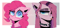 Size: 4000x1785 | Tagged: safe, artist:dino_horse, pinkie pie, earth pony, pony, blushing, choker, collar, cute, diapinkes, duality, piercing, pinkamena diane pie, punk, ring, simple background, tongue out, tongue piercing, wingding eyes