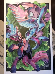 Size: 1536x2048 | Tagged: safe, artist:andypriceart, tempest shadow, twilight sparkle, twilight sparkle (alicorn), alicorn, pony, unicorn, armor, bite mark, blood, broken horn, commission, duo, eye scar, female, fight, flying, glowing horn, hoof shoes, horn, injured, mare, rearing, scar, sparking horn, traditional art