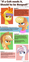 Size: 2573x5395 | Tagged: safe, artist:nignogs, applejack, ms. harshwhinny, nurse redheart, spitfire, earth pony, pegasus, pony, abuse, boop, colored, don't dead open inside, glasses, hat, not rgre enough, reversed gender roles equestria, reversed gender roles equestria general, sexism, smiling, smug