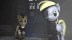 Size: 640x360 | Tagged: safe, artist:grimdark-lindy, derpy hooves, doctor whooves, earth pony, pegasus, pony, 3d, alternate universe, animated, clothes, doctor who, eyepatch, female, gif, male, mare, roleplay illustration, stallion, tardis, uniform
