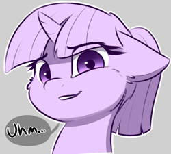 Size: 1200x1079 | Tagged: safe, artist:captainpudgemuffin, edit, twilight sparkle, unicorn twilight, pony, unicorn, alternate hairstyle, bust, cheek fluff, cropped, cute, dialogue, female, floppy ears, gray background, grin, looking at you, mare, partial color, ponytail, reaction image, simple background, smiling, solo, speech bubble, twiabetes