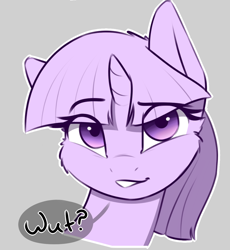 Size: 1200x1302 | Tagged: safe, artist:captainpudgemuffin, edit, twilight sparkle, unicorn twilight, pony, unicorn, alternate hairstyle, bust, cheek fluff, cropped, cute, dialogue, eyebrows visible through hair, female, gray background, grin, looking at you, mare, partial color, raised eyebrow, reaction image, simple background, smiling, smirk, solo, speech bubble, twiabetes, wat