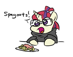 Size: 541x418 | Tagged: safe, artist:jargon scott, moondancer, pony, unicorn, clothes, cute, dancerbetes, dialogue, female, glasses, open mouth, simple background, solo, spaghetti, spagoots, speech, white background