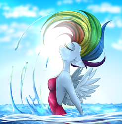 Size: 2000x2022 | Tagged: safe, artist:cinnamonbun, rainbow dash, anthro, pegasus, breasts, clothes, eyes closed, female, hair flip (action), mare, ocean, one-piece swimsuit, reasonably sized breasts, sexy, solo, stupid sexy rainbow dash, swimming, swimsuit