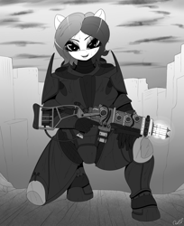 Size: 1633x2000 | Tagged: safe, artist:replica, oc, oc only, anthro, armor, clothes, energy weapon, fallout, fallout: new vegas, fanfic, fanfic art, female, grayscale, gun, hooves, kneeling, looking at you, magical energy weapon, monochrome, multiplas rifle, open mouth, outdoors, plasma rifle, power armor, solo, weapon