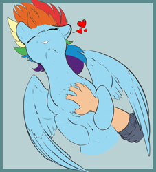 Size: 2000x2200 | Tagged: safe, artist:cold blight, edit, rainbow dash, human, pegasus, pony, behaving like a dog, belly button, bellyrubs, blue background, blushing, chest fluff, cute, dashabetes, eyebrows, eyes closed, female, floppy ears, grin, hand, heart, human on pony petting, lip bite, mare, on back, petting, scratching, simple background, sleeping, smiling, solo focus, spoken heart, spread wings, waking up, wing fluff, wings