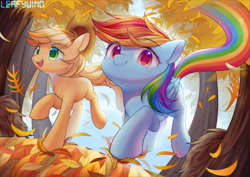 Size: 3000x2122 | Tagged: safe, artist:leafywind, applejack, rainbow dash, earth pony, pegasus, pony, fall weather friends, cute, dashabetes, duo, female, jackabetes, leaves, mare, missing cutie mark, running of the leaves, smiling, starry eyes, tree, wingding eyes