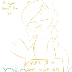 Size: 700x700 | Tagged: safe, artist:goat train, oc, oc only, oc:anon, oc:sequoia, human, pony, dialogue, giant pony, kissing booth, macro, sketch