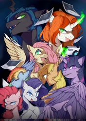 Size: 1476x2085 | Tagged: safe, artist:snowillusory, crackle cosette, mean applejack, mean fluttershy, mean pinkie pie, mean rainbow dash, mean rarity, mean twilight sparkle, queen chrysalis, alicorn, changeling, changeling queen, earth pony, pegasus, unicorn, the mean 6, black background, camera, clone, disguise, disguised changeling, female, gesugao, glowing horn, horn, magic, mare, mean six, simple background, telekinesis