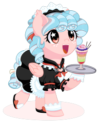 Size: 1802x2200 | Tagged: safe, artist:musicfirewind, cozy glow, pegasus, pony, clothes, cozybetes, cuffs (clothes), cute, drink, female, filly, maid, maid outfit, open mouth, smiling, solo, starry eyes, tray, weapons-grade cute, wingding eyes, ych result