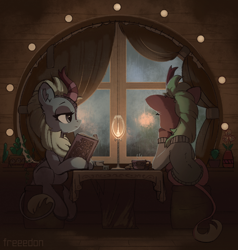 Size: 1900x2000 | Tagged: safe, artist:freeedon, cinder glow, sparkling brook, summer flare, kirin, sounds of silence, book, cactus, candle, clothes, cozy, duo, female, flower, flower pot, human shoulders, indoors, leonine tail, lidded eyes, looking out the window, rain, sitting, sweater, window