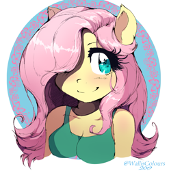 Size: 1275x1291 | Tagged: safe, artist:willisninety-six, fluttershy, anthro, ambiguous facial structure, bust, clothes, cute, female, hair over one eye, mare, shyabetes, signature, smiling, solo