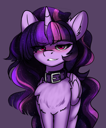 Size: 2752x3328 | Tagged: safe, artist:duop-qoub, twilight sparkle, twilight sparkle (alicorn), alicorn, pony, blushing, chest fluff, collar, descended twilight, dreamworks face, female, future future twilight, high res, mare, sexy, smiling, smirk, solo