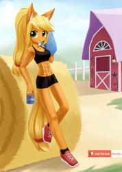 Size: 1200x1688 | Tagged: safe, artist:howxu, applejack, anthro, earth pony, plantigrade anthro, abs, armpits, belly button, clothes, female, hay, hay bale, looking at you, mare, midriff, patreon, patreon logo, ponytail, shoes, shorts, sitting, skinny, sneakers, solo, sports bra, sports shorts, sweat, sweet apple acres, water, water bottle