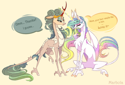 Size: 2820x1905 | Tagged: safe, artist:marbola, princess celestia, rain shine, alicorn, kirin, pony, awkward, crack shipping, dialogue, female, lesbian, magic, mare, rainlestia, shipping, simple background, smelling, sweatdrop, telekinesis, unshorn fetlocks, yellow background