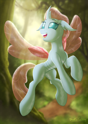 Size: 3508x4961 | Tagged: safe, artist:shad0w-galaxy, ocellus, changedling, changeling, absurd resolution, commission, cute, diaocelles, flying, forest, happy, open mouth, smiling, solo