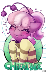 Size: 1237x1912 | Tagged: safe, artist:skoon, cheerilee, bee, earth pony, pony, antennae, badge, blushing, cheeribee, cheeribetes, clothes, cute, eyes closed, featured image, female, heart, mare, shirt, simple background, smiling, solo, white background