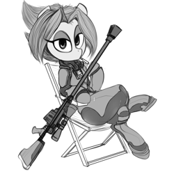 Size: 1000x1000 | Tagged: safe, artist:whydomenhavenipples, oc, oc only, oc:sniperchan, earth pony, pony, anti-materiel rifle, armor, black and white, cigarette, female, grayscale, gun, hooves, looking at you, mare, monochrome, optical sight, ponified, rifle, simple background, sitting, smoking, sniper rifle, solo, weapon, white background