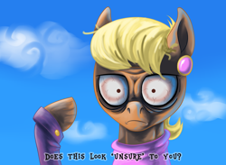 Size: 4108x3000 | Tagged: safe, artist:skunk bunk, ms. harshwhinny, earth pony, pony, clothes, cloud, detailed background, dialogue, does this look unsure to you?, ear piercing, earring, female, grumpy, jewelry, just one bite, meme, piercing, scarf, sky, spongebob squarepants, squidward tentacles, unsure