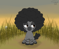 Size: 6000x5000 | Tagged: safe, artist:skunk bunk, oc, oc only, zebra, afro, brown eyes, clearing, cute, detailed background, female, field, filly, foal, grass, hooves, sitting, smiling, smirk, smug, solo, stripes, sun, zebra oc