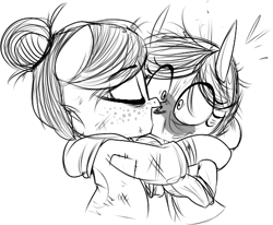 Size: 497x410 | Tagged: safe, artist:whydomenhavenipples, ghoul, clothes, cute, daaaaaaaaaaaw, fallout, fallout 4, female, kissing, lesbian, monochrome, ponified, the sole survivor